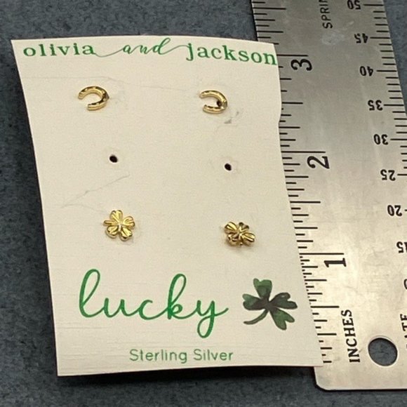 Olivia and Jackson Earrings 2 Prs St Patricks Sterling Silver Horseshoe Shamrock - Picture 7 of 7